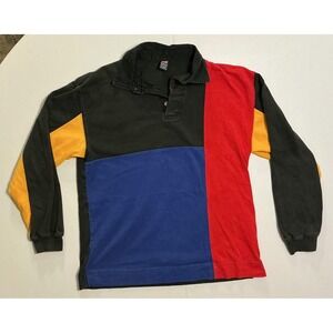VTG Y2K Color Block Rugby Polo‎ Longsleeve Black Red Blue Yellow Men XL (fits M)